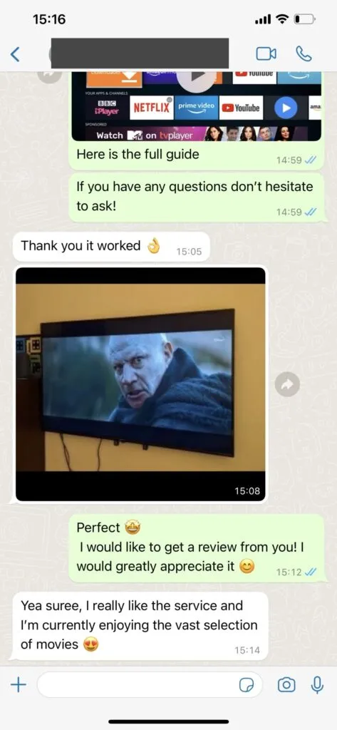 Capture écran retour client satisfait WhatsApp IPTV 1
